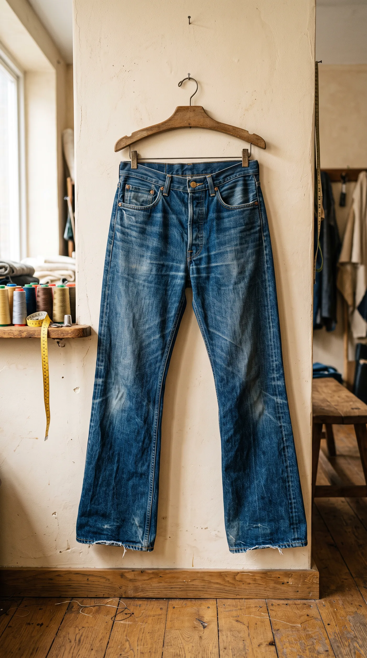 Jeans de bota campana antes del arreglo de Conny, con las piernas anchas