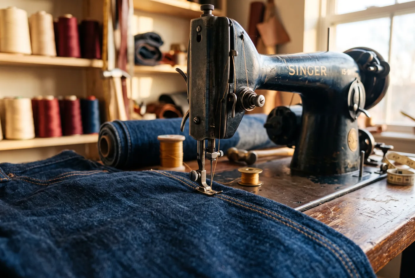 Máquina de coser de Conny trabajando sobre tela de jean en su taller de Corona
